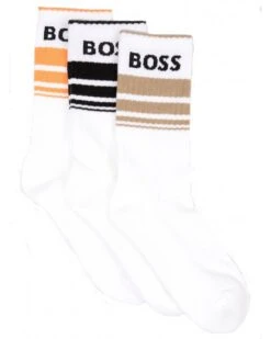 BOSS Mens 3 Pack Ribbed Stripe Socks White