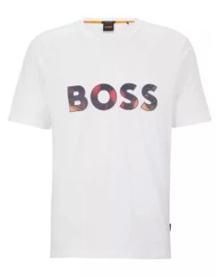 BOSS Mens Teeart Relaxed Fit Camo Logo T Shirt, White Tee