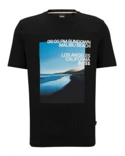 BOSS Mens Tiburt Photographic Beach Print T Shirt, Black Tee