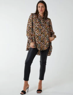 Abstract Animal Print Button Through Blouse(Orange Pattern Abstract Animal Print Button Through Blouse)