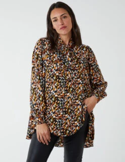 Abstract Animal Print Button Through Blouse(Orange Pattern Abstract Animal Print Button Through Blouse) -Repertoire Fashion Store bv222421 orangepattern 1251