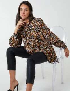 Abstract Animal Print Button Through Blouse(Orange Pattern Abstract Animal Print Button Through Blouse) -Repertoire Fashion Store bv222421 orangepattern 1280