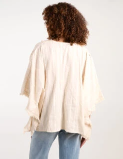 V Front Crochet Fringe Kimono Top(V Front Crochet Fringe Kimono Top) -Repertoire Fashion Store bv245412 stone 35744