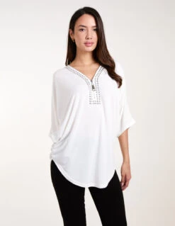 Studded Half Zip Front Top(Ivory Studded Half Zip Front Top)