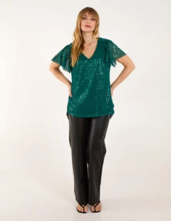 Angel Sleeve V Neck Sequin Top(Green Angel Sleeve V Neck Sequin Top) -Repertoire Fashion Store bv246521 teal 59837