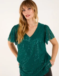 Angel Sleeve V Neck Sequin Top(Green Angel Sleeve V Neck Sequin Top)