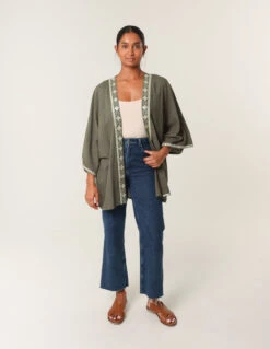 Embellished Kimono(Khaki Embellished Kimono) -Repertoire Fashion Store bv257438 khaki 5955 163