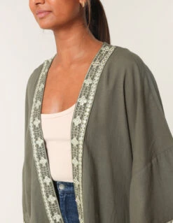 Embellished Kimono(Khaki Embellished Kimono) -Repertoire Fashion Store bv257438 khaki 5988 166