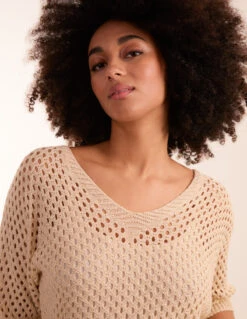 Crochet V Neck Top(Beige Crochet V Neck Top) -Repertoire Fashion Store bv2787 beige 11181