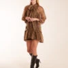 Leopard Print Pussy Bow Frill Shirt Dress -Repertoire Fashion Store bv2959 brown66294