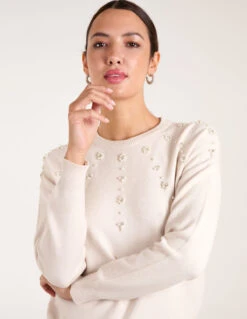 Pearl Flower Embellishment Jumper(Stone Pearl Flower Embellishment Jumper) -Repertoire Fashion Store bv3336 stone 0256