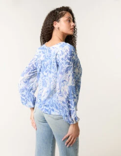 V Neck Gathered Bubble Hem Top(Blue V Neck Gathered Bubble Hem Top) -Repertoire Fashion Store bv4371 bluewhite 50565
