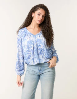 V Neck Gathered Bubble Hem Top(Blue V Neck Gathered Bubble Hem Top)