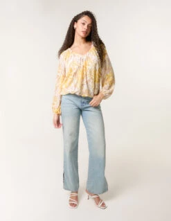 V Neck Gathered Bubble Hem Top(Lemon V Neck Gathered Bubble Hem Top) -Repertoire Fashion Store bv4731 lemon 50632