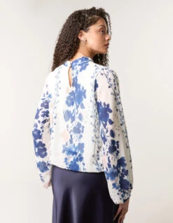 Floral High Neck Puff Ball Blouse(Floral High Neck Puff Ball Blouse) -Repertoire Fashion Store bv4740 bluewhite 50676