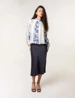 Floral High Neck Puff Ball Blouse(Floral High Neck Puff Ball Blouse) -Repertoire Fashion Store bv4740 bluewhite 50692
