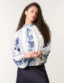 Floral High Neck Puff Ball Blouse(Floral High Neck Puff Ball Blouse)