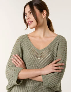 Crochet V Neck Jumper(Khaki Crochet V Neck Jumper) -Repertoire Fashion Store bv4817 khaki 63141