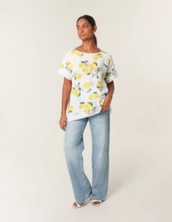 Linen Front Lemon Print Top With Sequin(Linen Front Lemon Print Top With Sequin) -Repertoire Fashion Store bv5187 white 48 75