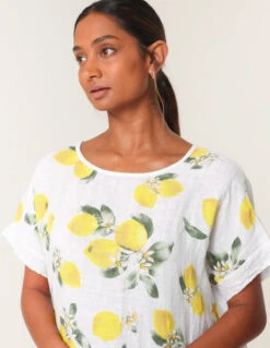 Linen Front Lemon Print Top With Sequin(Linen Front Lemon Print Top With Sequin) -Repertoire Fashion Store bv5187 white 77