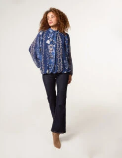High Neck Puffball Floral Blouse(Navy High Neck Puffball Floral Blouse)