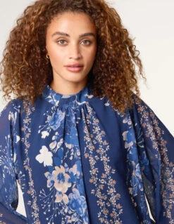 High Neck Puffball Floral Blouse(Navy High Neck Puffball Floral Blouse) -Repertoire Fashion Store bv5365 navy 4848 37