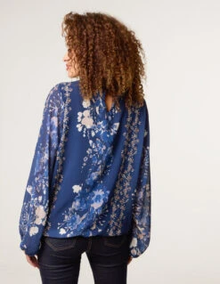 High Neck Puffball Floral Blouse(Navy High Neck Puffball Floral Blouse) -Repertoire Fashion Store bv5365 navy 4856 38