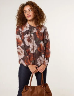 Large Watercolour Floral Cowl Neck Puffball Blouse(Large Watercolour Floral Cowl Neck Puffball Blouse)
