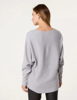 Long Sleeve Diamante Detailed Batwing Jumper(Grey Long Sleeve Diamante Detailed Batwing Jumper) -Repertoire Fashion Store cc2549 greymelange 22668
