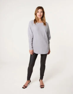 Long Sleeve Diamante Detailed Batwing Jumper(Grey Long Sleeve Diamante Detailed Batwing Jumper) -Repertoire Fashion Store cc2549 greymelange 22676