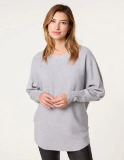 Long Sleeve Diamante Detailed Batwing Jumper(Grey Long Sleeve Diamante Detailed Batwing Jumper) -Repertoire Fashion Store cc2549 greymelange 22683