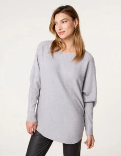 Long Sleeve Diamante Detailed Batwing Jumper(Grey Long Sleeve Diamante Detailed Batwing Jumper)