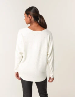 Jumper With Silver Rhinestones(Ivory Jumper With Silver Rhinestones) -Repertoire Fashion Store cc2553 ivory 6304 193