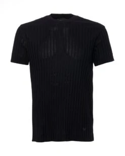 Emporio Armani Mens Embossed Jacquard Striped Jersey T Shirt, Black Tee