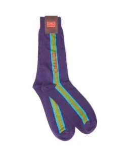 Etro Mens Purple Vertical Stripe Logo Socks