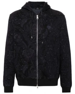 Etro Mens Tonal Paisley Hoodie Dark Navy