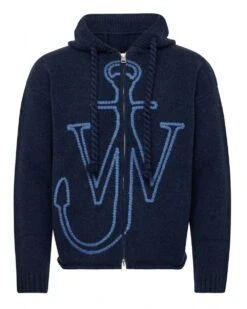 JW Anderson Mens Embroidered Anchor Logo Zip Hoodie Steel Blue