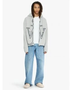 JW Anderson Mens Embroidered Anchor Logo Zip Knit Hoodie Light Grey Melange -Repertoire Fashion Store jw anderson mens embroidered anchor logo zip knit hoodie light grey melange p46752 319203 image