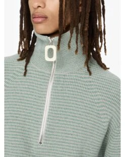 JW Anderson Mens Half Zip Micro Stripe Jumper Sand Stone -Repertoire Fashion Store jw anderson mens half zip micro stripe jumper sand stone p46747 319131 image