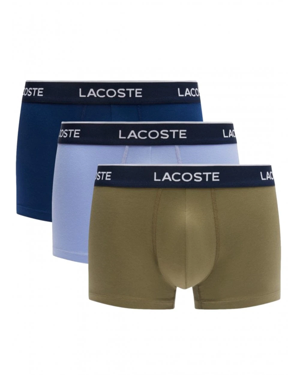 Lacoste Mens 3-Pack Stretch Boxer Trunks Green/Navy Blue/Purple 1 Lacoste Mens 3-Pack Stretch Boxer Trunks Green/Navy Blue/Purple