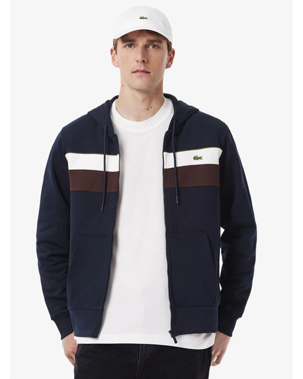 Lacoste Mens Colour Block Zip Hoodie Navy Blue/White/Brown 2 Lacoste Mens Colour Block Zip Hoodie Navy Blue/White/Brown - Image 2