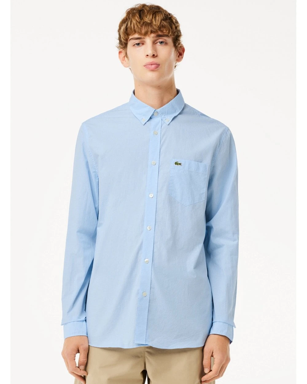 Lacoste Mens Gingham Small Check Poplin Shirt Blue/White 3 Lacoste Mens Gingham Small Check Poplin Shirt Blue/White - Image 3