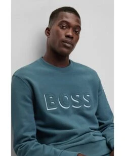 BOSS Mens Stadler Emed Logo Sweatshirt, Turquoise Jumper -Repertoire Fashion Store mens stadler embossed logo sweatshirt turquoise jumper p42494 257014 image