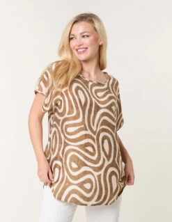 Round Neck Top With Abstract Print(Mocha Round Neck Top With Abstract Print)