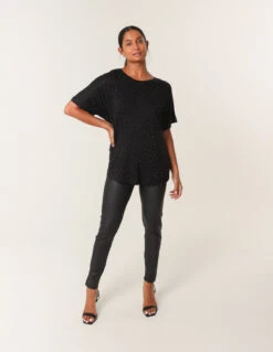 Stud Detail Round Neck T-shirt(Black Stud Detail Round Neck T Shirt) -Repertoire Fashion Store mi3867 black 6355 198