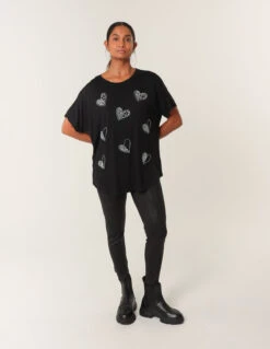 Round Neck Diamante Heart Detailing T-Shirt(Round Neck Diamante Heart Detailing T Shirt) 7 Round Neck Diamante Heart Detailing T-Shirt(Round Neck Diamante Heart Detailing T Shirt) -Repertoire Fashion Store mi3868 black 6234 185