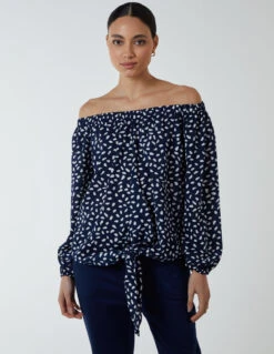 Bardot Balloon Sleeve Knot Top