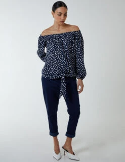 Bardot Balloon Sleeve Knot Top -Repertoire Fashion Store nl233407 navy 25780