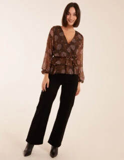 Floral Ruffle Wrap Blouse(Floral Ruffle Wrap Blouse) -Repertoire Fashion Store ss23265 brown pattern24921