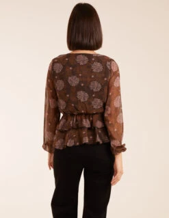 Floral Ruffle Wrap Blouse(Floral Ruffle Wrap Blouse) -Repertoire Fashion Store ss23265 brown pattern24994